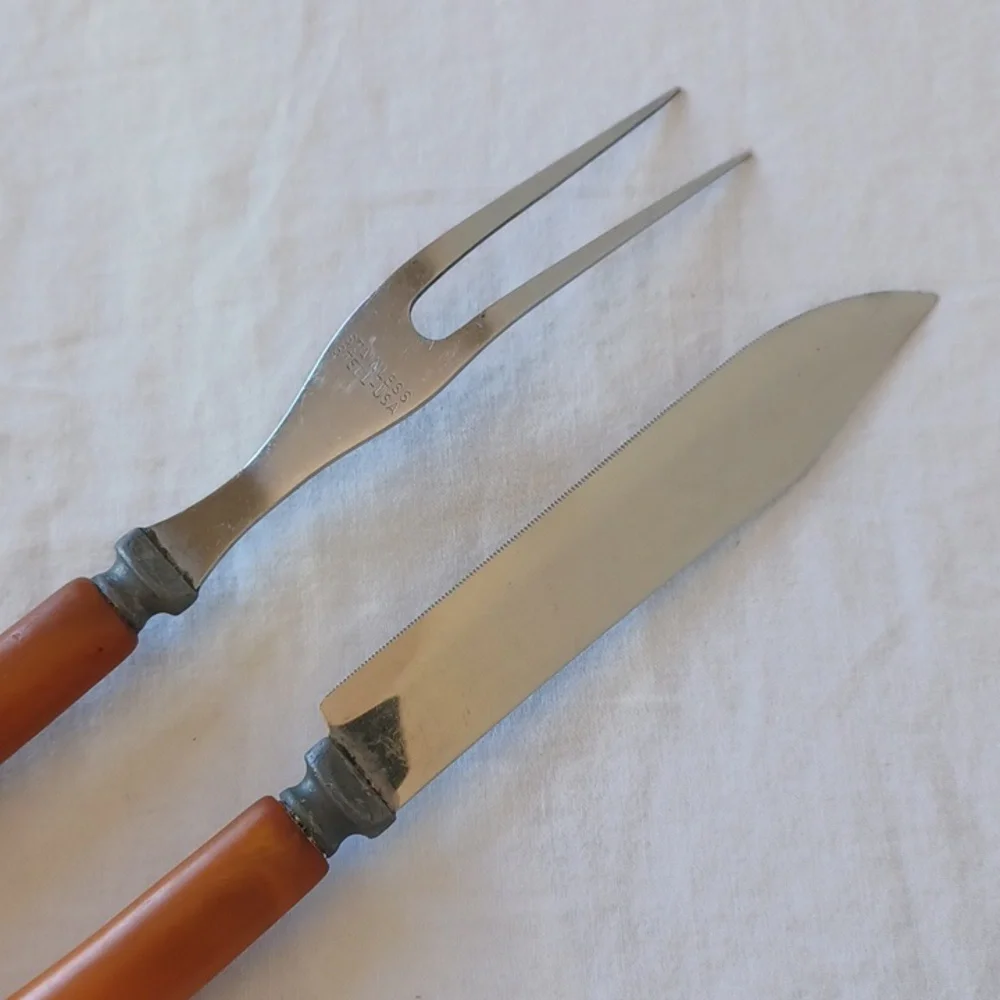 2 PIECE SET Vintage Bakelite Carving Knife & Fork Stainless Steel Butterscotch